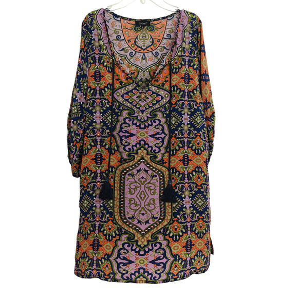 Tolani Tessa Silk Tunic Dress Size Small Tasseled V-Neckline 3/4 Sleeves Boho - Picture 2 of 11